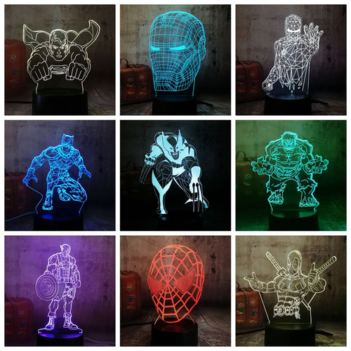 Cool Marvel Super Hero Spider iron Man Hulk Deadpool 3D LED Lamp Night Light Multicolor RGB Bulb Christmas Decor Kids Gift Toys