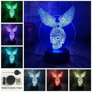 Cool Novelty Skull Eagle Wings 3D LED Night Light RGB 7 Colors Remote Control USB Multicolor Desk Lamp Home Decor Christmas Gift
